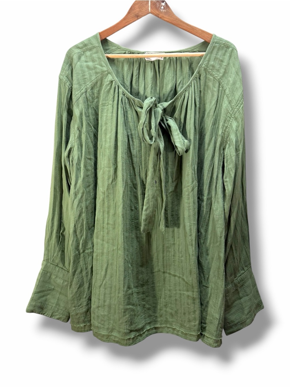 Women's Free People Green Cotton Tie Neck Long Sleeve Blouse Size XL